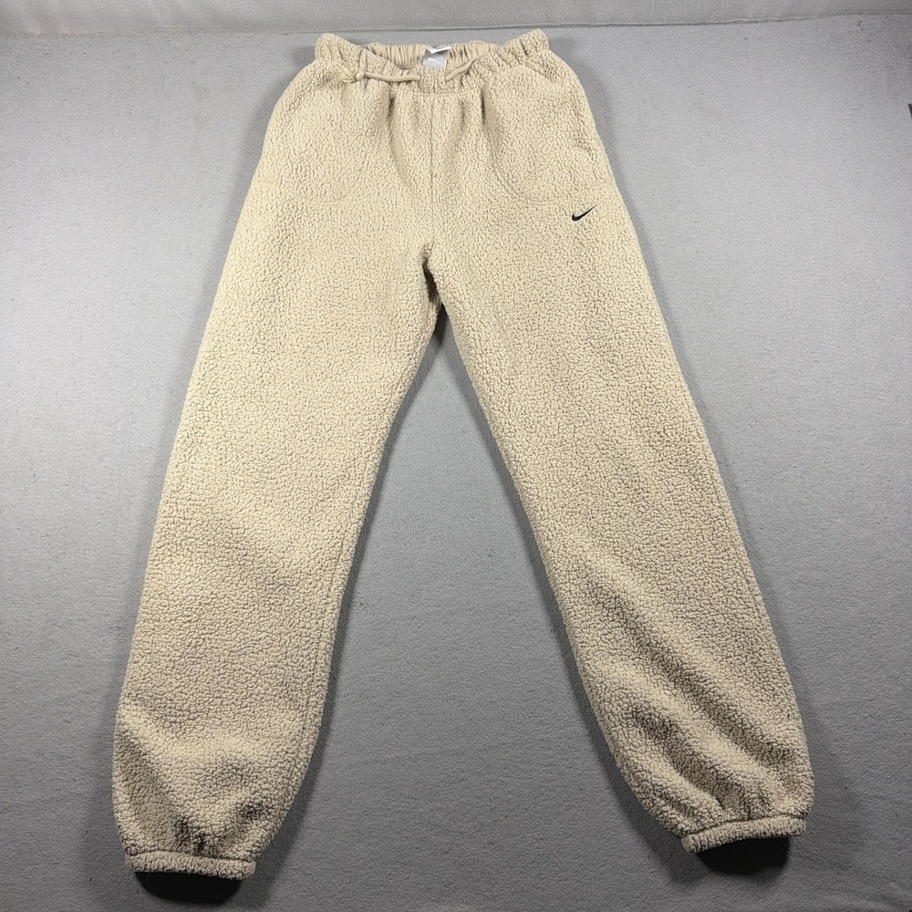 Nike Therma-FIT Pants Mens Medium Beige Sherpa Fleece Joggers Elastic Pockets